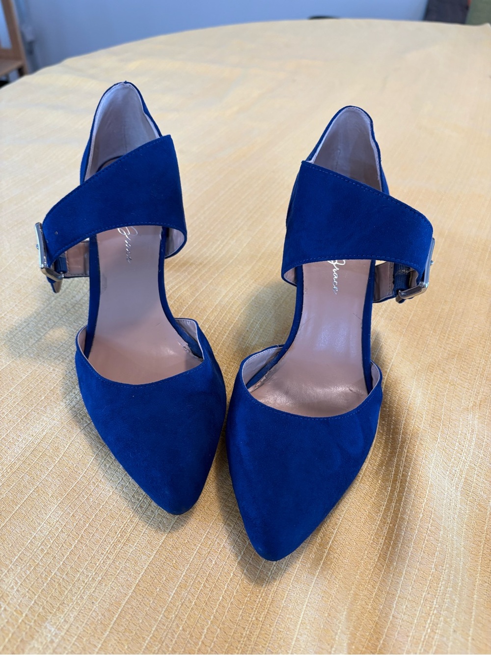 Pointed-Toe Suede Ankle-Strap Heels in Sapphire Blue